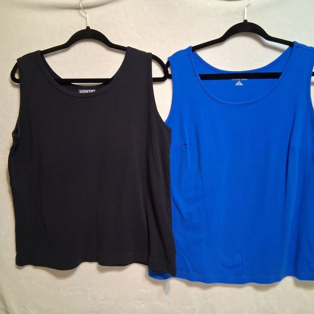 Lands End 1X Tank Top Lot Of 2 Blue Black Cotton Scoop Neck Casual Basics